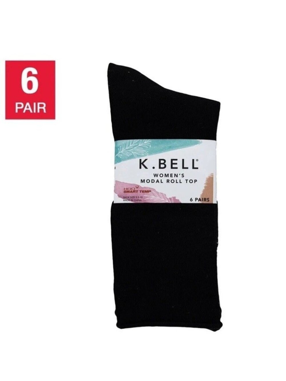 NWT K. Bell Women's Modal Roll Top Socks 6 Pairs Black Breathable B0795
